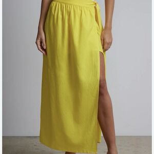 NY & Company Wrap Skirt Linen Boho Large Yellow‎ Maxi Bow Festival Indie Peasant